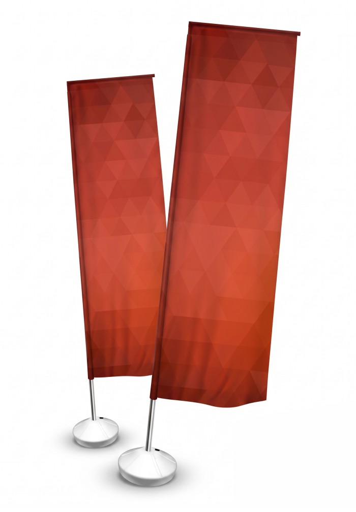 Windbanner Modelo Box, exibido com base de fixação